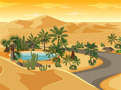 Desert oasis with long road landscape scene 1418790 Vector Art at Vecteezy