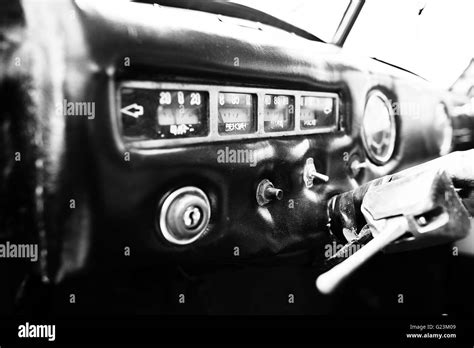 Interior Dashboard Of A Classic Vintage Car Black And White Stock