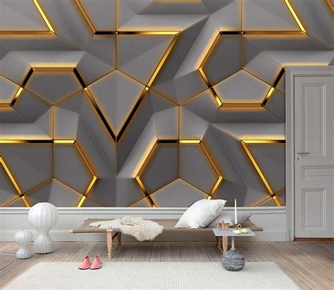 3d Gold Geometric Shapes Wallpaper Grey Background Wall
