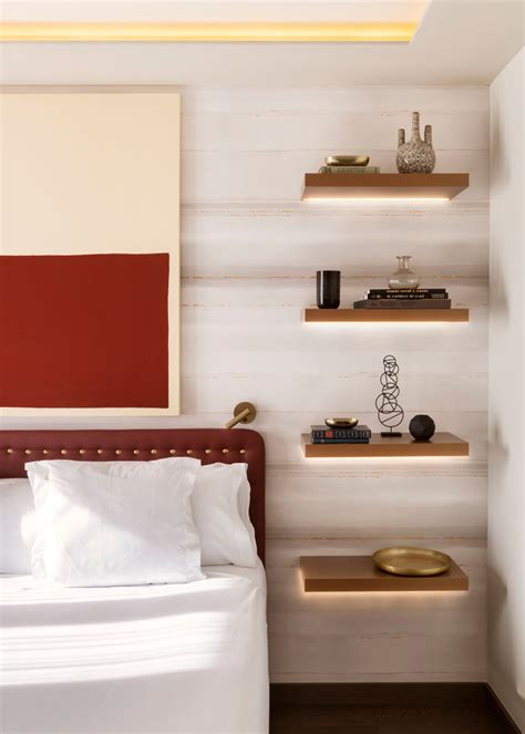 Wooden wall shelves rectangular white hanging storage bedroom. Bedroom Design Idea - Replace A Bedside Table And Lamp ...