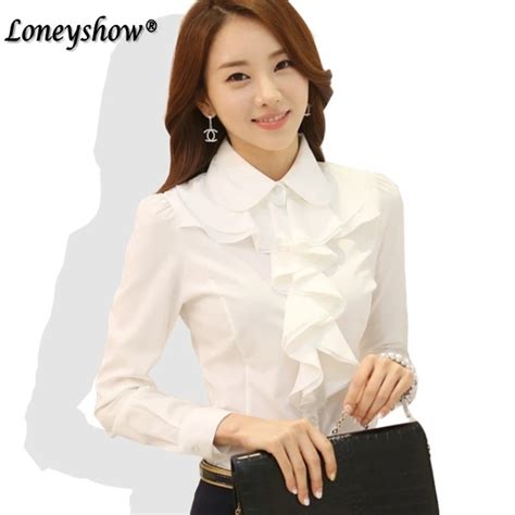 bow tie chiffon long sleeve shirt korean style fashion ruffles ladies white black office blouses