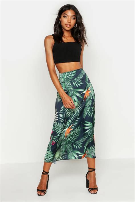 Womens Tall Tropical Print Midi Skirt Black 4 Tropical Print