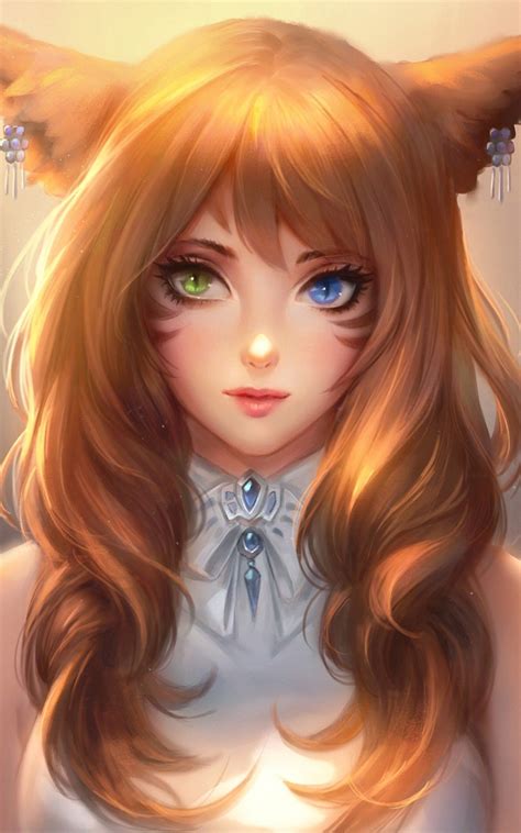 Fox Girl Heterochromia Animal Ears Face Portrait Anime Art Girl