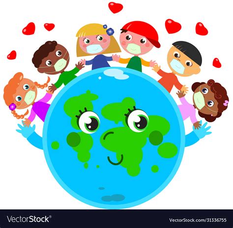 Cute Planet Earth And Kids With Masks Royalty Free Vector