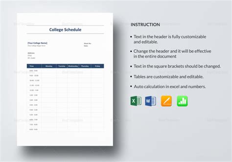 College Schedule Template In Word Excel Apple Pages Numbers