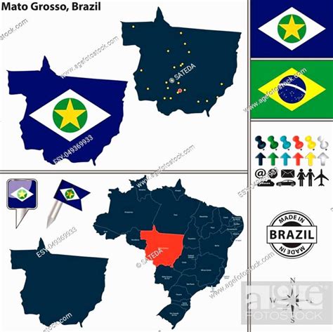 Vector Map Of Region Of Mato Grosso With Flags And Location On Brazilian Map Stock Vector