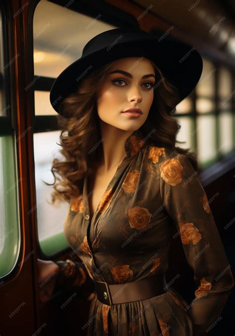 Premium Ai Image Portrait Of Woman In A Retro Style On An Old Train Romantic Style Ai Generative