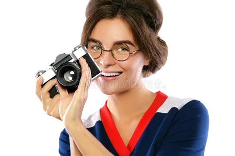 Woman Model In Vintage Look Holding Retro Camera In Her Hands Stock
