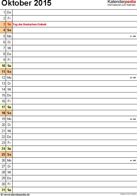 Kalender Oktober 2015 Als Excel Vorlagen