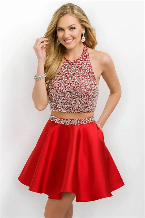 Sleeveless Beaded Crystals Red Short Elegant Prom Gowns Two Piece Prom