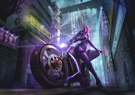 Download Pink Hair City Futuristic Motorcycle Sci Fi Cyberpunk Sci Fi