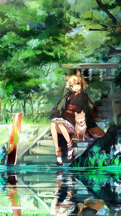 Girl And Dog Green Anime Art Illust Android Wallpaper Android Hd