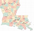 Multi Color Louisiana Map with Counties, Capitals, and Major Cities