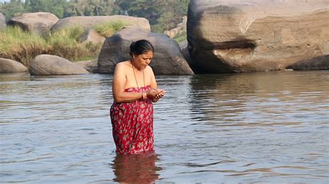 Hampi India 28 January 2015 Indian Woman Standing In The River And