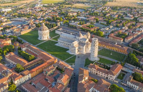 Aerial View Of Leaning Tower Of Pisa At Sunrise In Italy Stock Photo