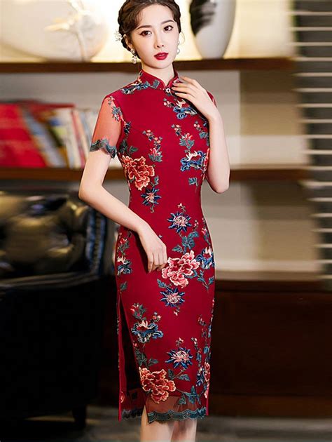 Red Embroidered Lace Mid Cheongsam Qipao Dress Cozyladywear