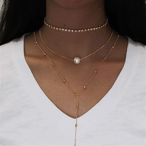 Multilayer Simulated Pearl Chocker Necklaces Gold Silver Color Crystal