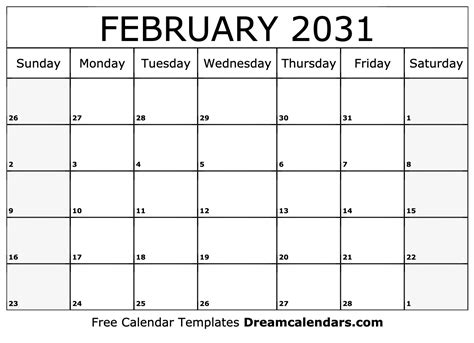 February 2031 Calendar Free Blank Printable With Holidays