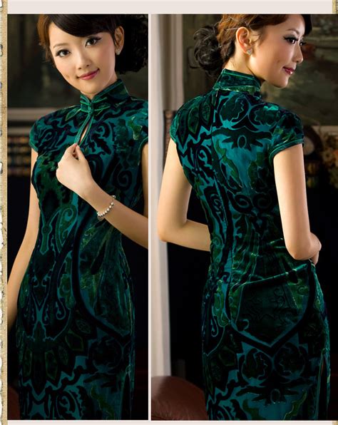 luxury velvet classical long cheongsam green qipao cheongsam and dresses women