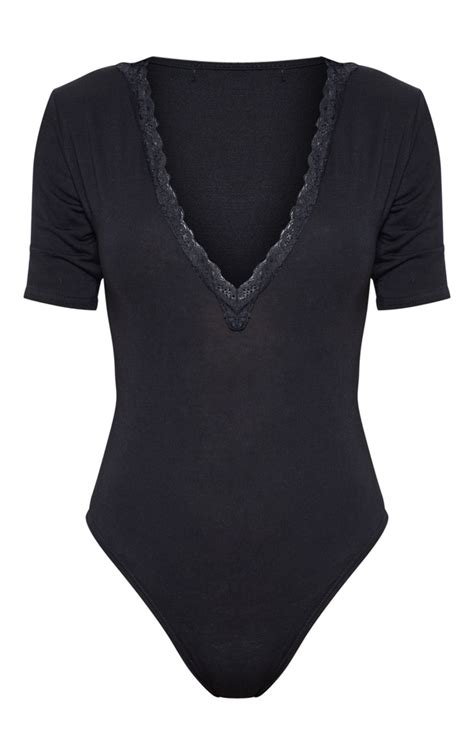 Black Lace Trim Plunge Short Sleeve Bodysuit Prettylittlething Usa