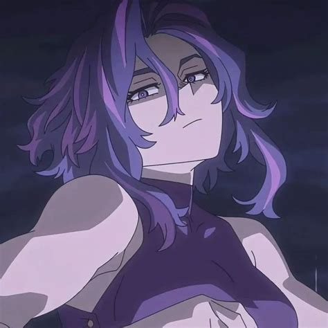 an anime character with purple hair and blue eyes looking at the camera in front of a dark