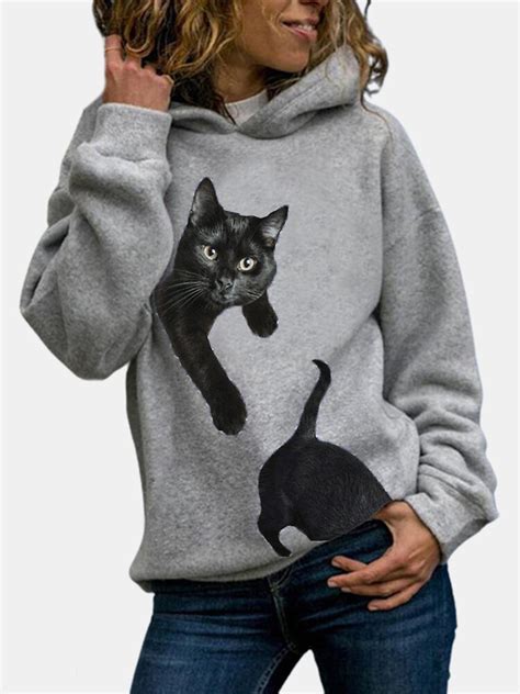 Women Cute Black Cat Print Daily Casual Pullover Hoodie Sale