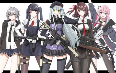 Safebooru 5girls Absurdres Ar 15 Assault Rifle Bangs Beret Black Hair Black Jacket Black