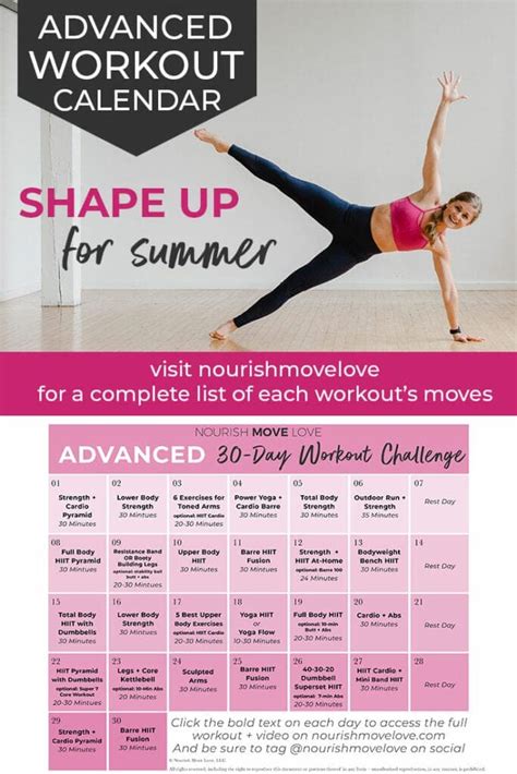 30 Day Advanced Workout Calendar Videos Nourish Move Love