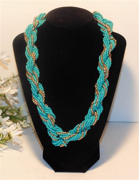 Vintage Seed Bead Twisted Rope Necklace Gold And Turquoise Etsy