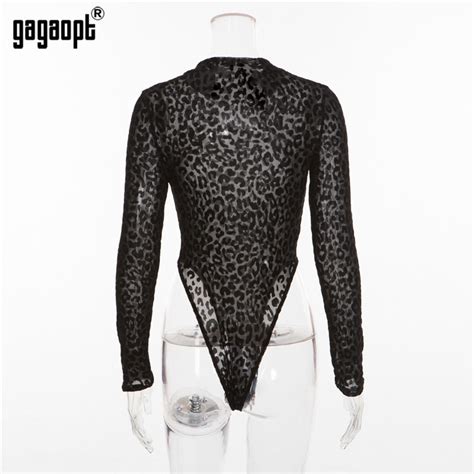 Leopard Bodysuit Long Sleeve Sexy Black Animal Print Mesh Jumpsuit