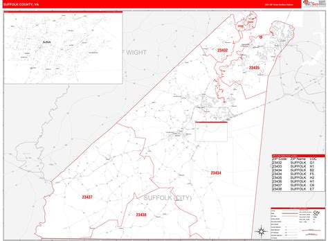 Suffolk County Va Zip Code Wall Map Red Line Style By Marketmaps