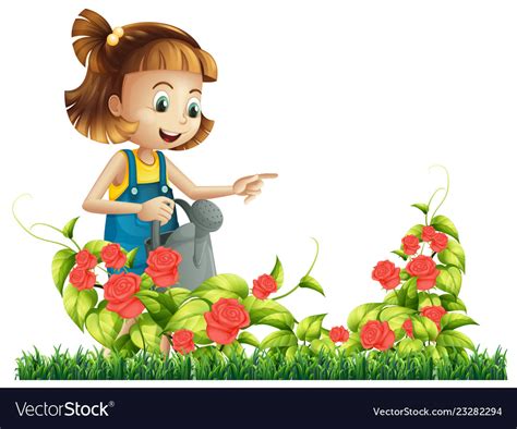 A Girl Watering Rose Tree Royalty Free Vector Image