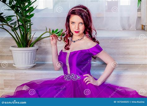 Beautiful Young Girl In A Lush Elegant Dress In The Studio Stock Image