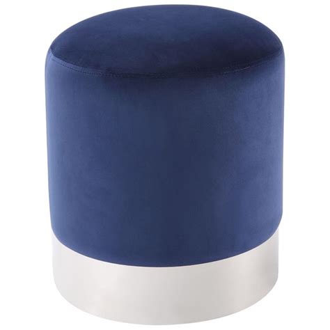 Jason Blue Velvet Round Ottoman Chrome Metal Base Upholstered