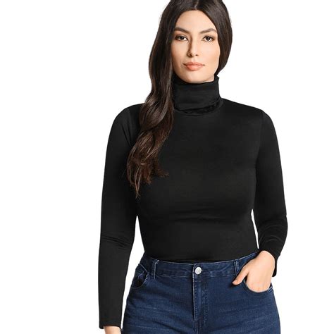 Buy Shein Women S Plus Turtleneck Solid Skinny Tee Black Xl At Amazon In