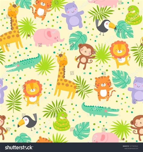 Cute Jungle Animals With Tropical Leaf Seamless Pattern Background