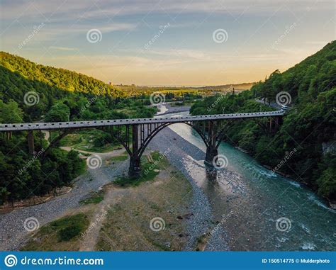 Aerial View Of Stone Bridge Over Gorge Of River Gumista Abkhazia Stock