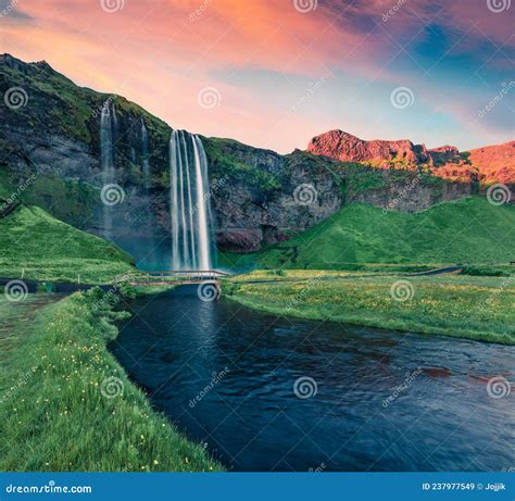 Stunning Sunrise On Seljalandfoss Waterfall Fantastic Outdoor Scene Of