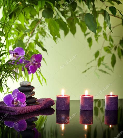 Spa Still Life With Zen Stones Aromatic Candles And Orchids — Stock
