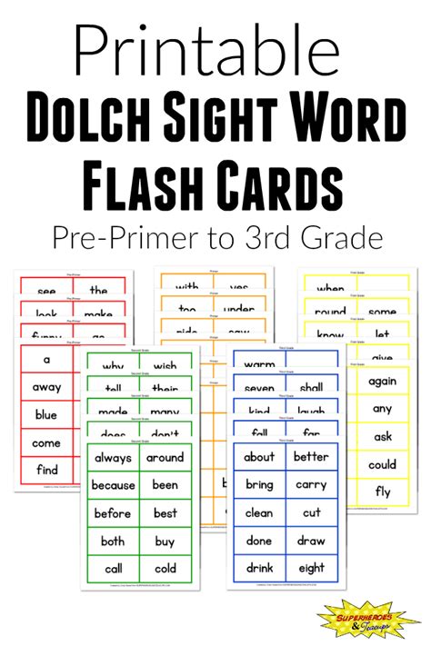 Seven pages, 8 words per page. Dolch Sight Word Flash Cards Free Printable