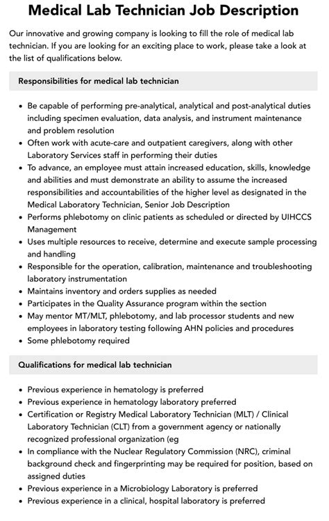 Medical Lab Technician Job Description Velvet Jobs