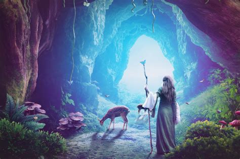 2560x1700 Heaven Cave Girl Deer Fantasy Art Chromebook