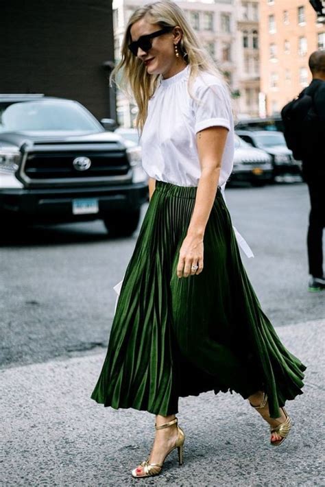 Green Pleated Skirt Street Style Outfit With Pleated Skirts Skirt