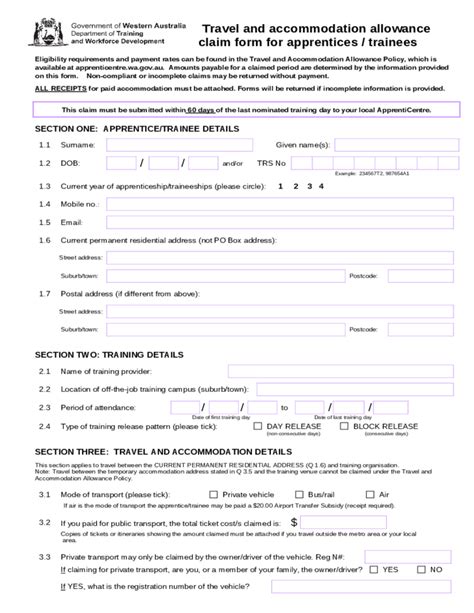 Savesave housing allowance for later. Travel and Accomodation Allowance Claim Form for Apprentices/Trainees - Western Australia Free ...