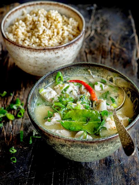 · coconut milk and chicken broth: Thai Fish Curry with Coconut Milk - WILD GREENS & SARDINES