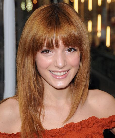 Bella Thorne Long Straight Casual Hairstyle With Blunt Cut Bangs Light Copper Red Hair Color