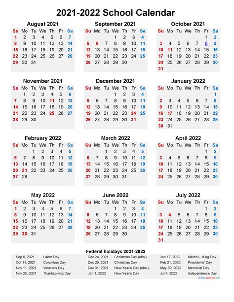 2021 And 2022 School Calendar Printable Portrait Template Noscl22a9