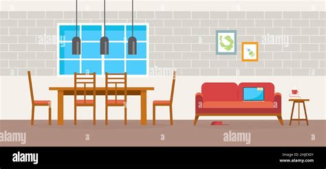 Living Room And Dining Room With Furniture Flat Style Vector
