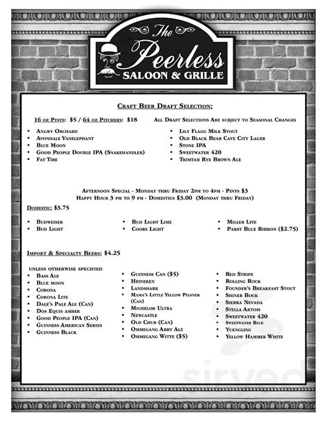 The Peerless Saloon And Grille Menu In Anniston Alabama Usa