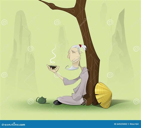 Chinese Old Man Sitting Under The Tree Vector Illustration